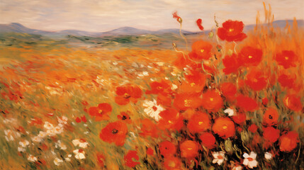 Wall Mural - Summer blooming poppies in an impressionist landscape