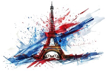 Wall Mural - 3D logo of the Eiffel Tower inside a ribbon made from red and blue, sticker, white space around the graphic for text, post textile design template in the style of white color palette, sticker art 