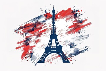 Wall Mural - 3D logo of the Eiffel Tower inside a ribbon made from red and blue, sticker, white space around the graphic for text, post textile design template in the style of white color palette, sticker art 