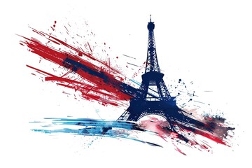 Wall Mural - 3D logo of the Eiffel Tower inside a ribbon made from red and blue, sticker, white space around the graphic for text, post textile design template in the style of white color palette, sticker art