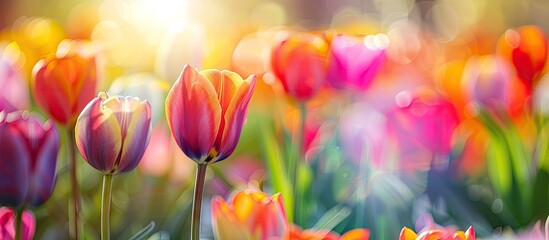 Aufkleber - Vivid tulip flower with blurred colors in garden wallpaper backdrop ideal for blooming season copy space image