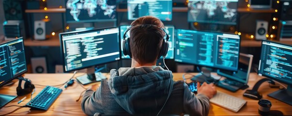 Person with headset focused on multiple monitors displaying programming codes and data in a modern tech workspace.