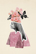 © deagreez - Vertical photo collage of happy girl half face bouquet wildflowers spring atmosphere butterfly insect isolated on painted background