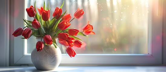 Aufkleber - A bouquet of red tulips in a vase on the windowsill as a lovely gift portrays a copy space image with beautiful red flowers in a vase by the window