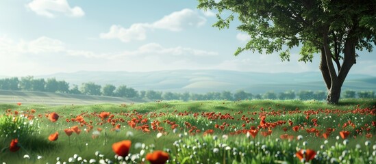 Wall Mural - Summer field full of blooming poppy flowers with a vast copy space image