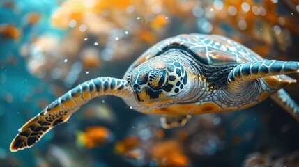 Wall Mural - Beautiful little turtle swimming in sea water