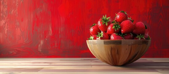 Wall Mural - A wooden surface with a bowl of ripe strawberries on a vibrant red backdrop ideal for a copy space image