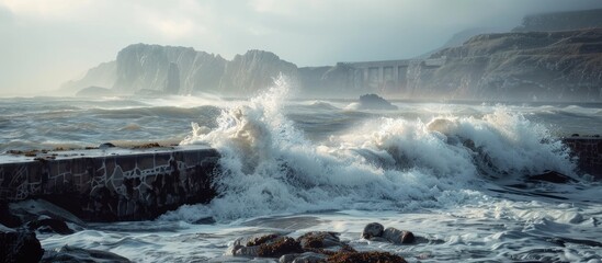  Coastal scene with ocean waves crashing against an old wall and rock creating a serene copy space image