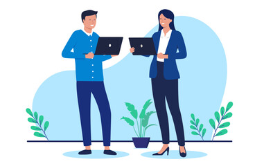 Poster - Man and woman with laptop - Vector illustration of two businesspeople holding pc computers in hand smiling and looking professional together at work. Flat design vector illustration