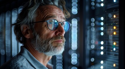 Wall Mural - A middle-aged man with glasses and a beard stands in front of a window, watching data center lights