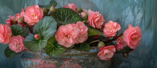 Aufkleber - Detailed close up photograph of pink begonia flowers in a pot showcasing textures patterns and intricate details in natural light with a copy space image