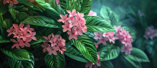 Aufkleber - Pentas lanceolata flowers in delicate pink hues are in full bloom surrounded by lush green leaves creating an elegant display in a copy space image