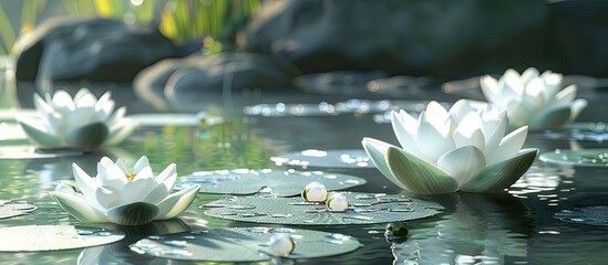 Aufkleber - White lotuses blooming in a serene pond with copy space image