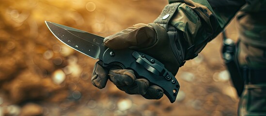 Close up of a hand in a tactical glove holding a folding knife with a background featuring blank copy space image