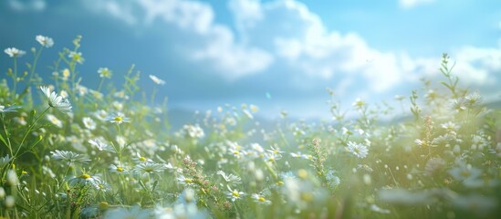 Aufkleber - Scenic summer meadow with various wild daisies under a blue sky creating a magical nature background in a frame with soft selective focus ideal for a copy space image