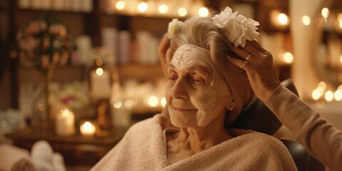 Sticker - Elderly woman at a spa salon, enjoying a facial mask treatment, showcasing relaxation and happiness.