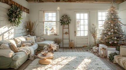 A bright, cozy living room with neutral tones, decorated with green Christmas wreaths and bathed in natural sunlight. Ideal for holiday home decor or seasonal interior design