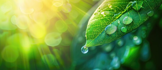 Aufkleber - Rain droplet on vibrant green leaf against blur background for a copy space image