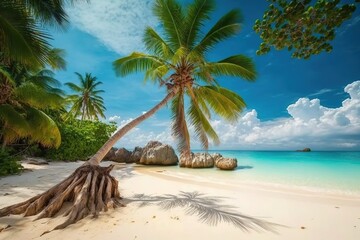 Palm tree bending over white sand beach with turquoise water.