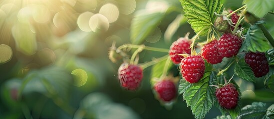 Wall Mural - Ripe raspberry branch in garden with selective focus and shallow depth of field perfect for copy space image