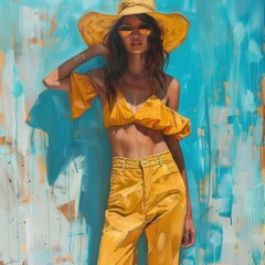 Poster - A woman in a bright yellow summer outfit enjoys the sunny weather, striking a pose against a colorful, artistic backdrop. Generative AI