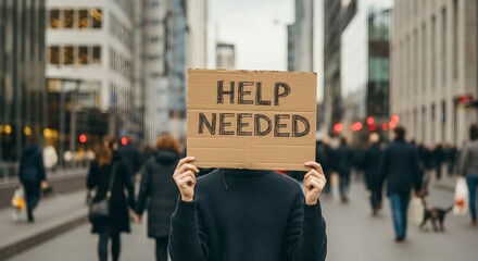 Person holding a help needed sign in a busy urban environment, emphasizing a social cause
