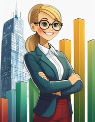 Wall Mural - Businesswoman with a bar graph in the background. Illustration. Vector.