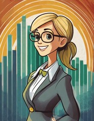 Wall Mural - Businesswoman with a bar graph in the background. Illustration. Vector.