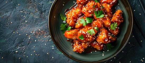 Wall Mural - Korean sesame chicken in a savory sauce with a copy space image