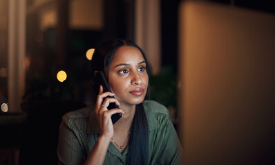 Aufkleber - Phone call, woman and communication at night with computer for networking and feedback. Consultant, connection and technology in office for career, conversation and desktop for review or research
