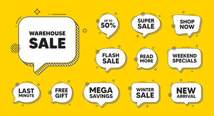 Sticker - Offer speech bubble icons. Warehouse sale tag. Special offer price sign. Advertising discounts symbol. Warehouse sale chat offer. Speech bubble discount banner. Text box balloon. Vector