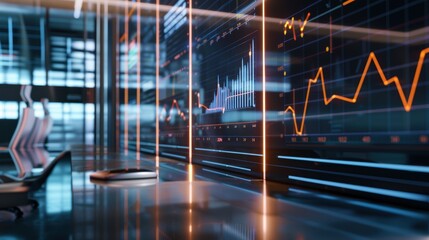 Wall Mural - business analytics software is displaying financial charts and data on a transparent digital screen 