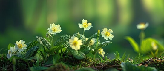 Poster - Early spring brings forth the delicate Primula vulgaris commonly known as primroses blooming in their natural habitat suitable for a copy space image