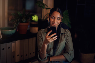 Poster - Woman, smile and smartphone in office or reading and internet for mobile app or notification. Technology, journalist and online blog for connectivity at work or night with social media for networking