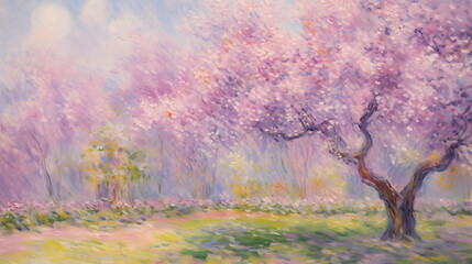 Wall Mural - Impressionist landscape of cherry blossom trees in full bloom during summer