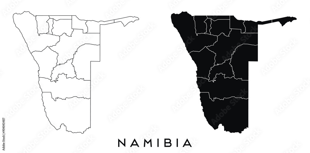 Namibia map of regions districts vector black on white and outline ...