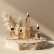 © PD - Beauty natural skincare product mockup. Serum Dropper Bottles on stone podium