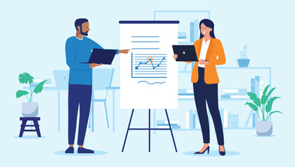 Leinwandbilder - People looking at graph - Businessman and businesswoman with laptop computers doing presentation on flip over shite board with rising graph and chart. Flat design vector illustration