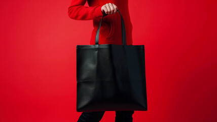 Poster - female hand holding a black tote bag on red background