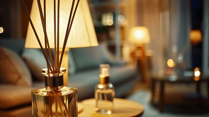 Night restaurant scene, close-up of reed diffuser, perfume bottle, living room in background, glass lamp, wooden side tables, sharp details.