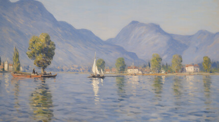 Wall Mural - Impressionist summer landscape with sailboats and mountains by a tranquil lake