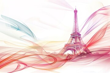 Wall Mural - Eiffel Tower with abstract splashes in watercolor style. Colorful hand drawn vector illustration