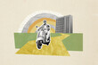 © deagreez - Creative collage picture young man ride scooter moped path way urban city traveler journey vacation trip drawing background