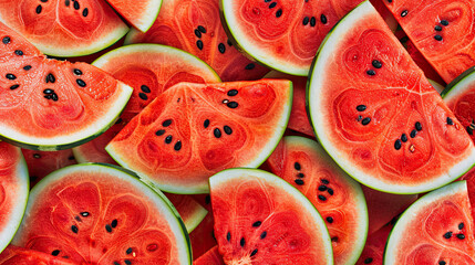 Wall Mural - Large Juicy Ripe Red Watermelon Slices Background, Fresh Watermelon Wedges, Vibrant Red Fruit, High-Resolution Watermelon Texture, Delicious Summer Fruit, Watermelon Close-Up, Refreshing Juicy Slices