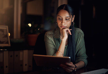Poster - Reading, woman and tablet at night for research, business and review in workplace. Overtime, blog and online or proposal for report, feedback and news in office with email, website and media at desk