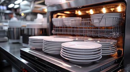 Wall Mural - Empty white plates and bowls in a dishwasher in a commercial kitchen