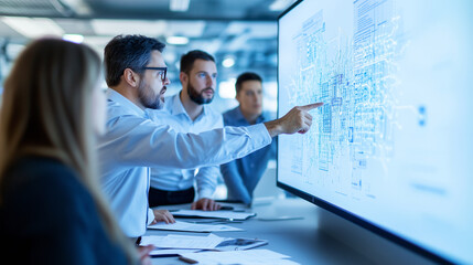 A team of cybersecurity professionals gathered around a conference table, discussing a network vulnerability assessment. The consultant is leading the discussion, pointing at a lar