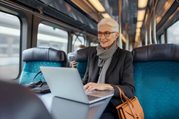 Senior woman working on laptop in the train Senior female commuter working on laptop during train ride