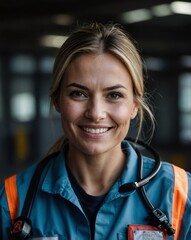 Wall Mural - female paramedic industrial zone background smiling happy portrait with copy space