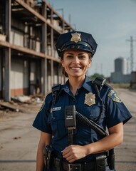 Wall Mural - female police officer industrial zone background smiling happy portrait with copy space